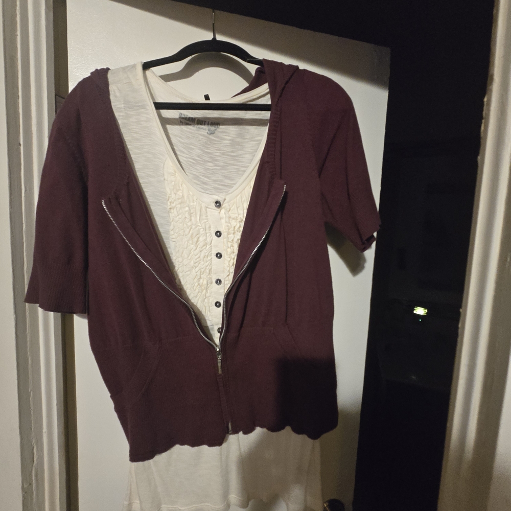 Burgundy Short Sleeve Zip-Up Hoodie with White Tank Top